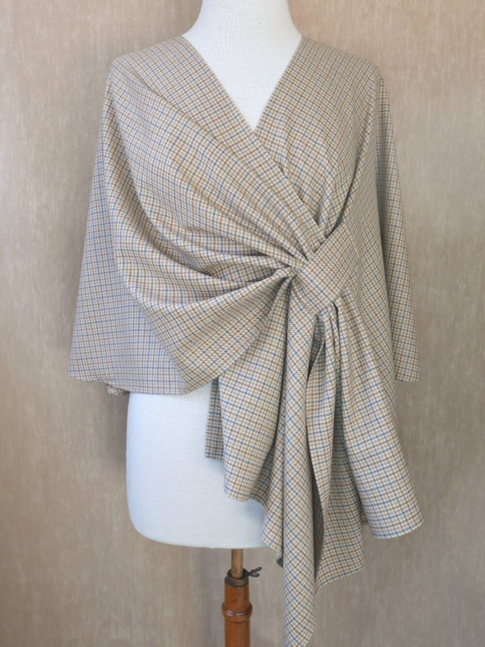 Beige & Blue Check Wrap, Short Cape
